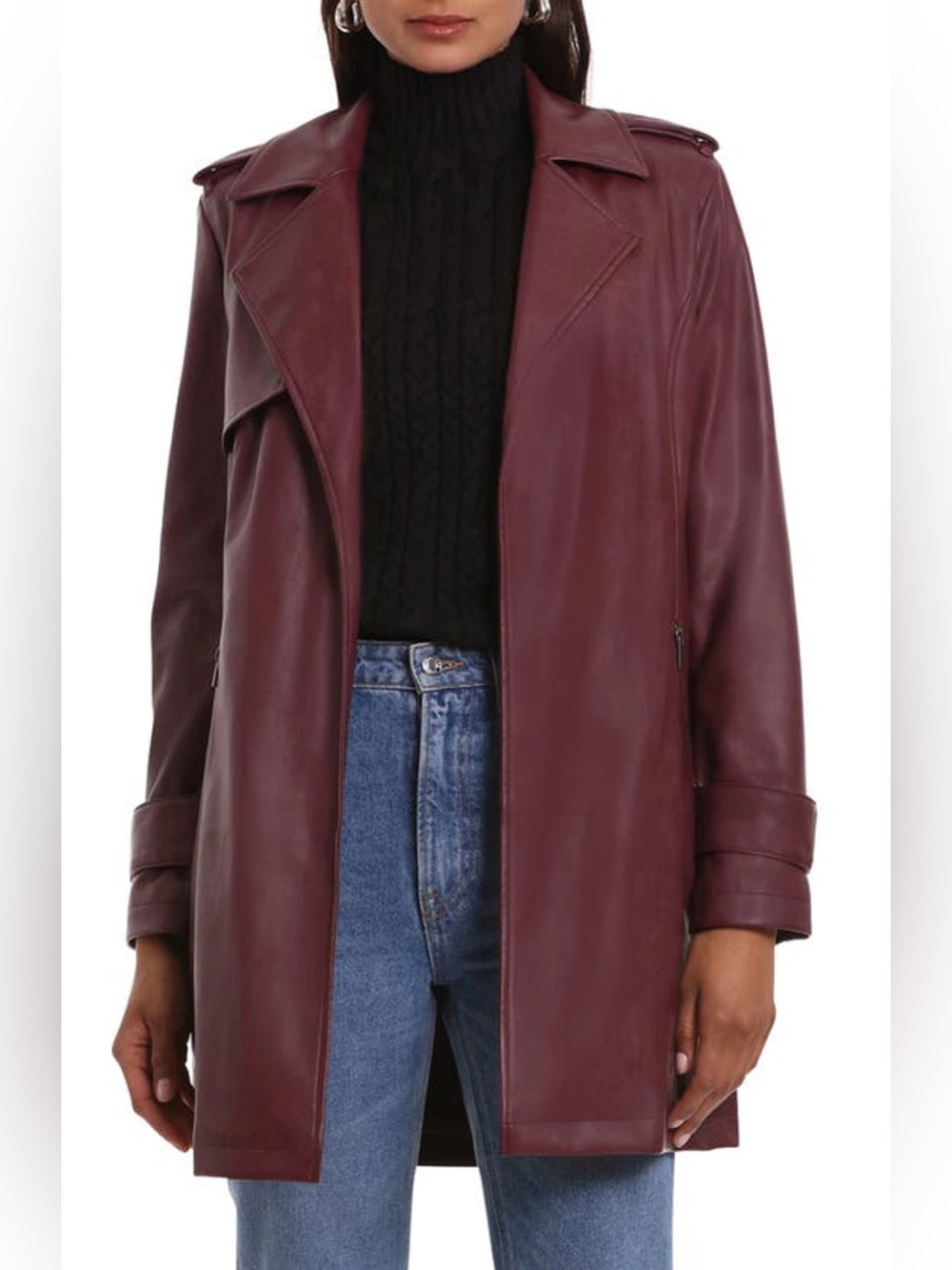 LIKE NEW Bagatelle Collection Burgundy Faux Leather Trench Coat - Size M